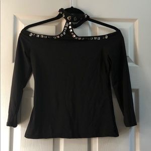 Rhinestone choker off shoulder blouse